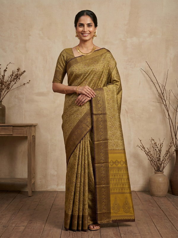 Antique Gold Dharmavaram Inspired Semi Silk Saree with Wide Wide Contrast Border