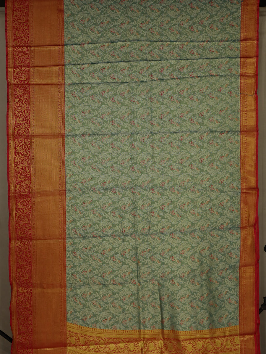 Sage Green Gadwal Inspired Semi Silk Saree with Wide Wide Contrast Border
