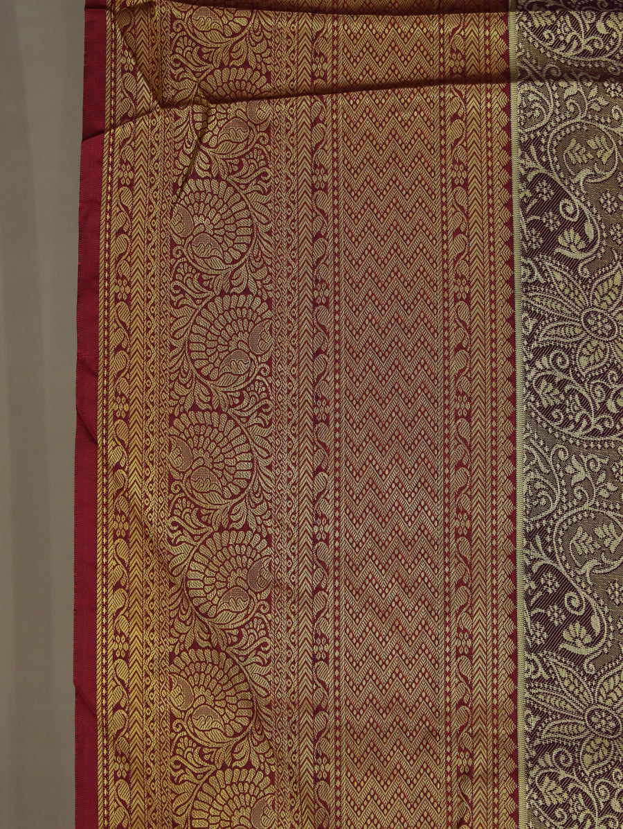 Aubergine Purple Kanchipuram Inspired Semi Silk Saree with Wide Wide Contrast Border