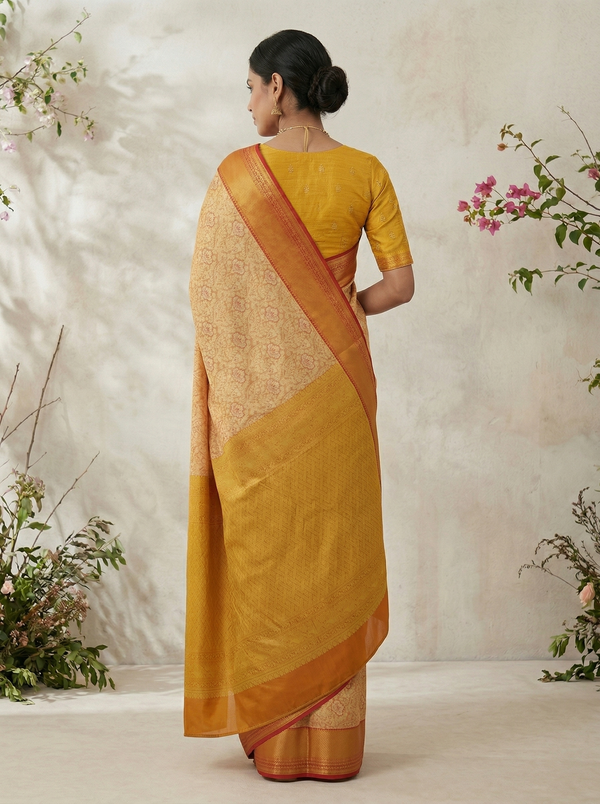 Sunset Gold Kanchipuram Inspired Semi Silk Saree with Narrow Narrow Contrast Border