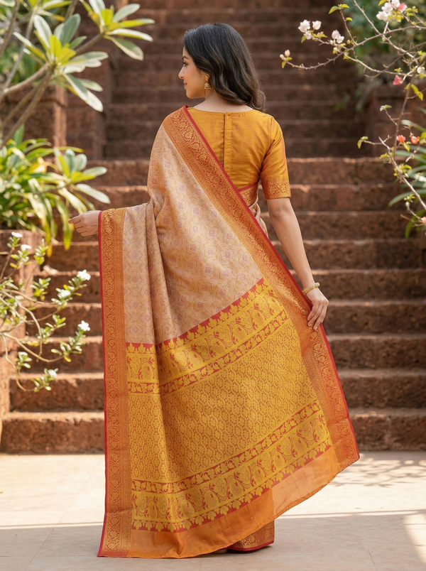 Champagne Gold Dharmavaram Inspired Semi Silk Saree with Wide Wide Contrast Border