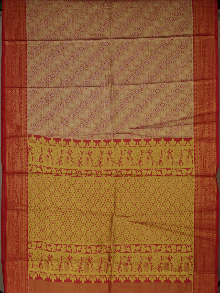 Golden Mustard Dharmavaram Inspired Semi Silk Saree with Wide Wide Contrast Border
