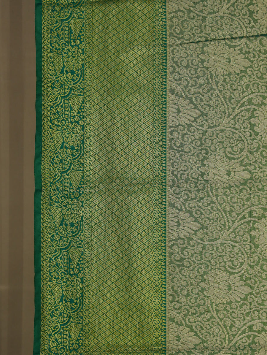 Mint Green Kanchipuram Inspired Semi Silk Saree with Wide Wide Contrast Border