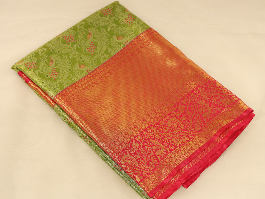 Sage Green Kanchipuram Inspired Semi Silk Saree with Wide Wide Contrast Border