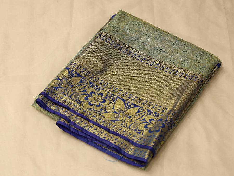 Sage Green Mysore Inspired Semi Silk Saree with Wide Wide Contrast Border