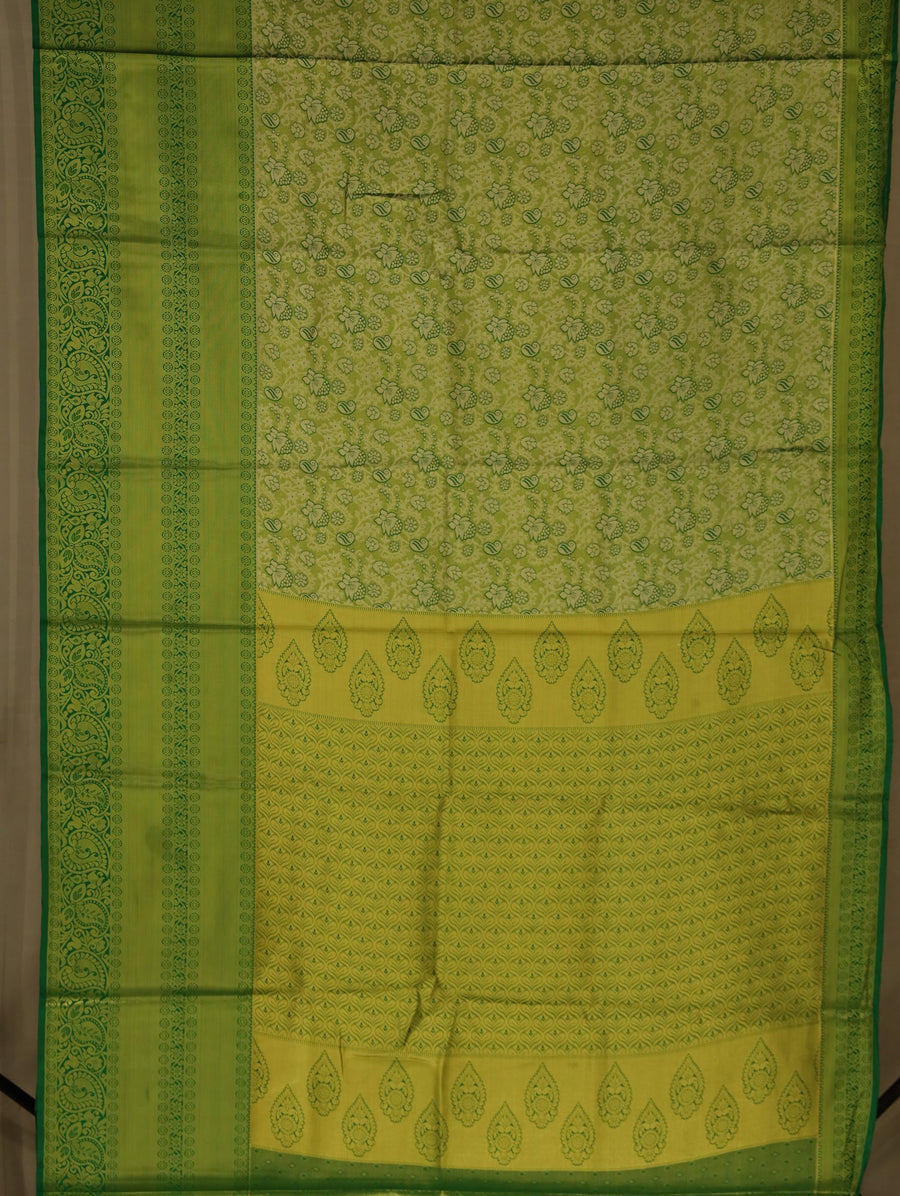 Chartreuse Green Mysore Inspired Semi Silk Saree with Wide Wide Self Border