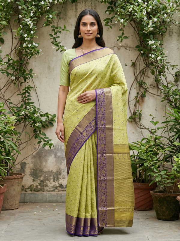 Lime Green Kanchipuram Inspired Semi Silk Saree with Wide Wide Contrast Border