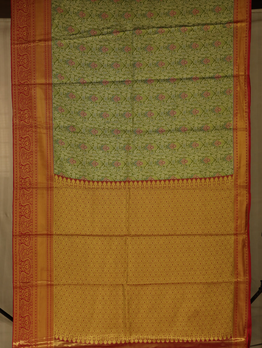 Sage Green Kanchipuram Inspired Semi Silk Saree with Wide Wide Contrast Border