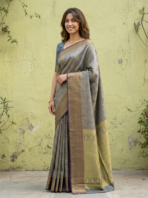 Dusty Teal Kanchipuram Inspired Semi Silk Saree with Wide Wide Contrast Border