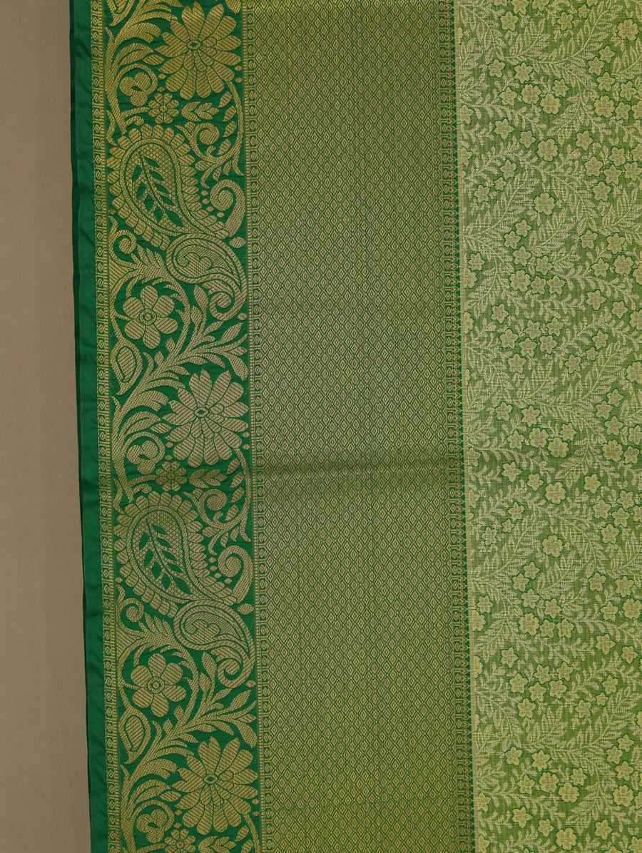 Olive Green Kanchipuram Inspired Semi Silk Saree with Medium Medium Contrast Border