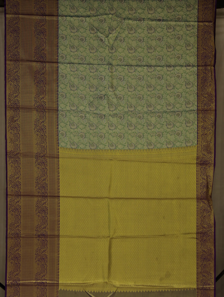 Sunlit Olive Kanchipuram Inspired Semi Silk Saree with Wide Wide Contrast Border
