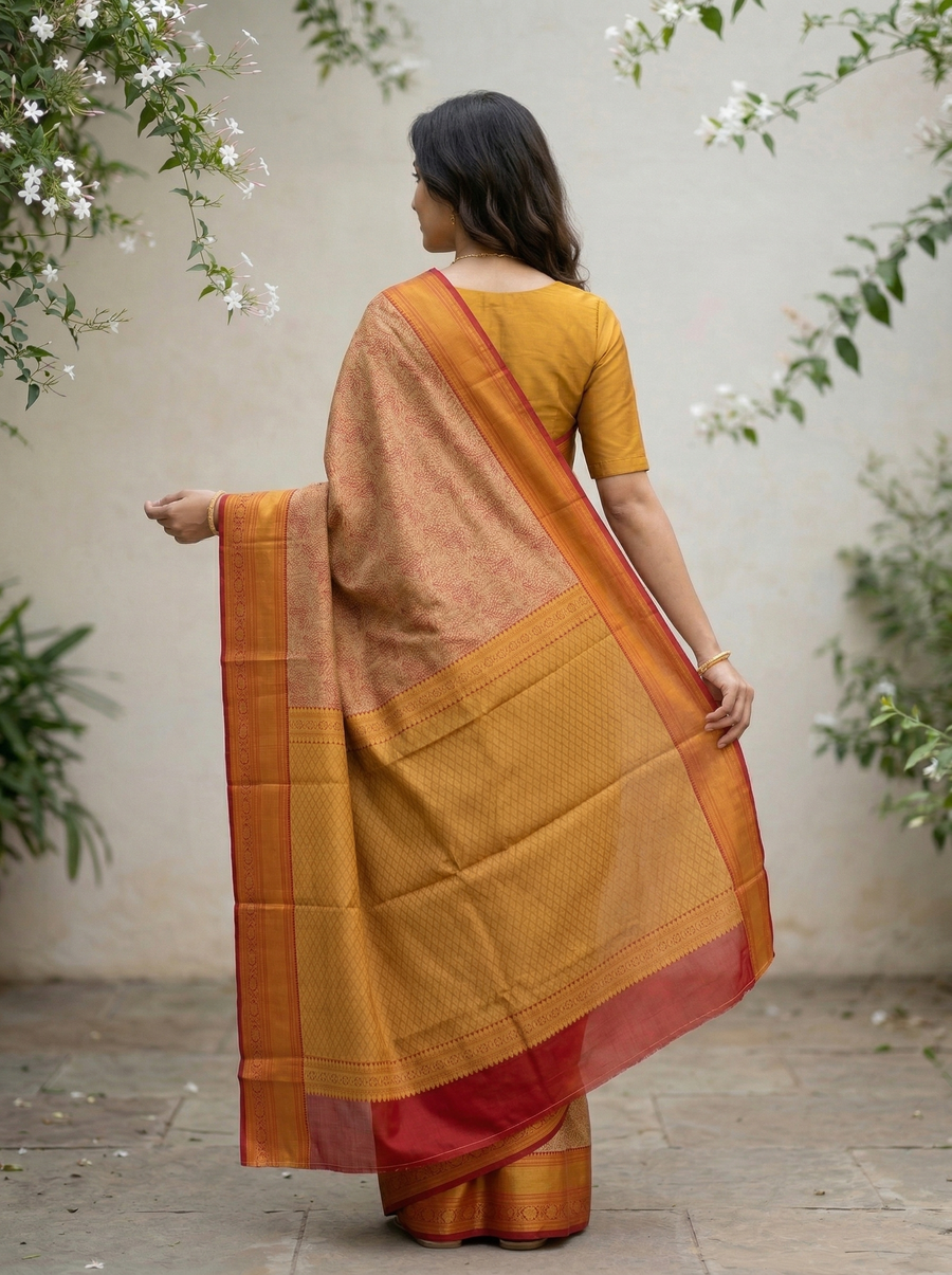 Saffron Gold Dharmavaram Inspired Semi Silk Saree with Medium Medium Contrast Border