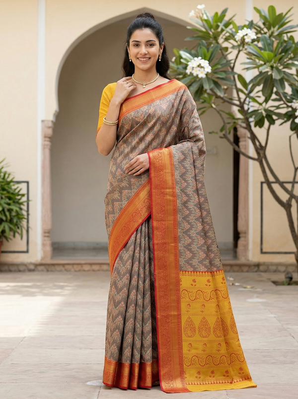 Olive Gray Dharmavaram Inspired Semi Silk Saree with Wide Wide Contrast Border