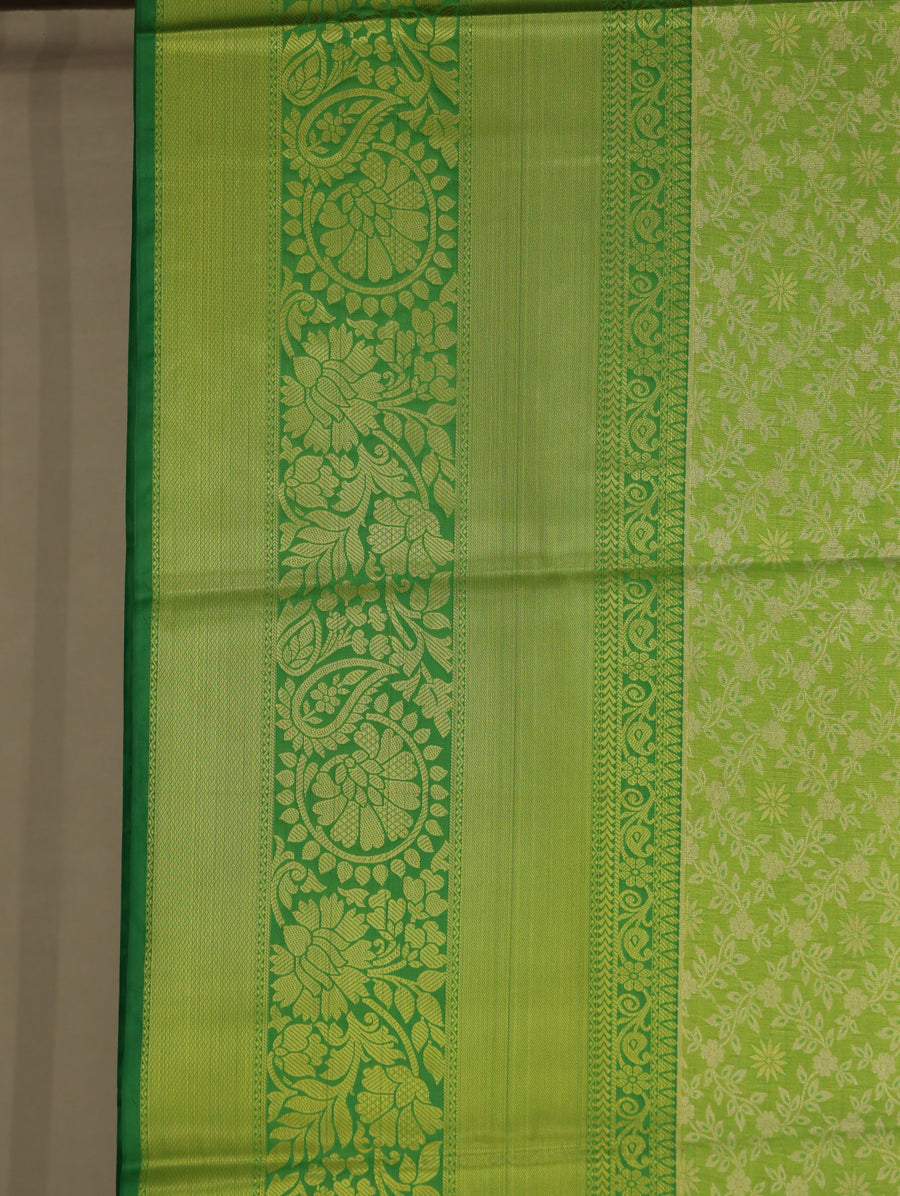 Lime Green Kanchipuram Inspired Semi Silk Saree with Wide Wide Self Border