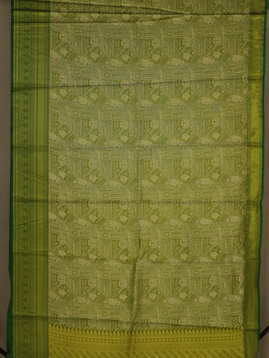 Lime Green Kanchipuram Inspired Semi Silk Saree with Wide Wide Contrast Border
