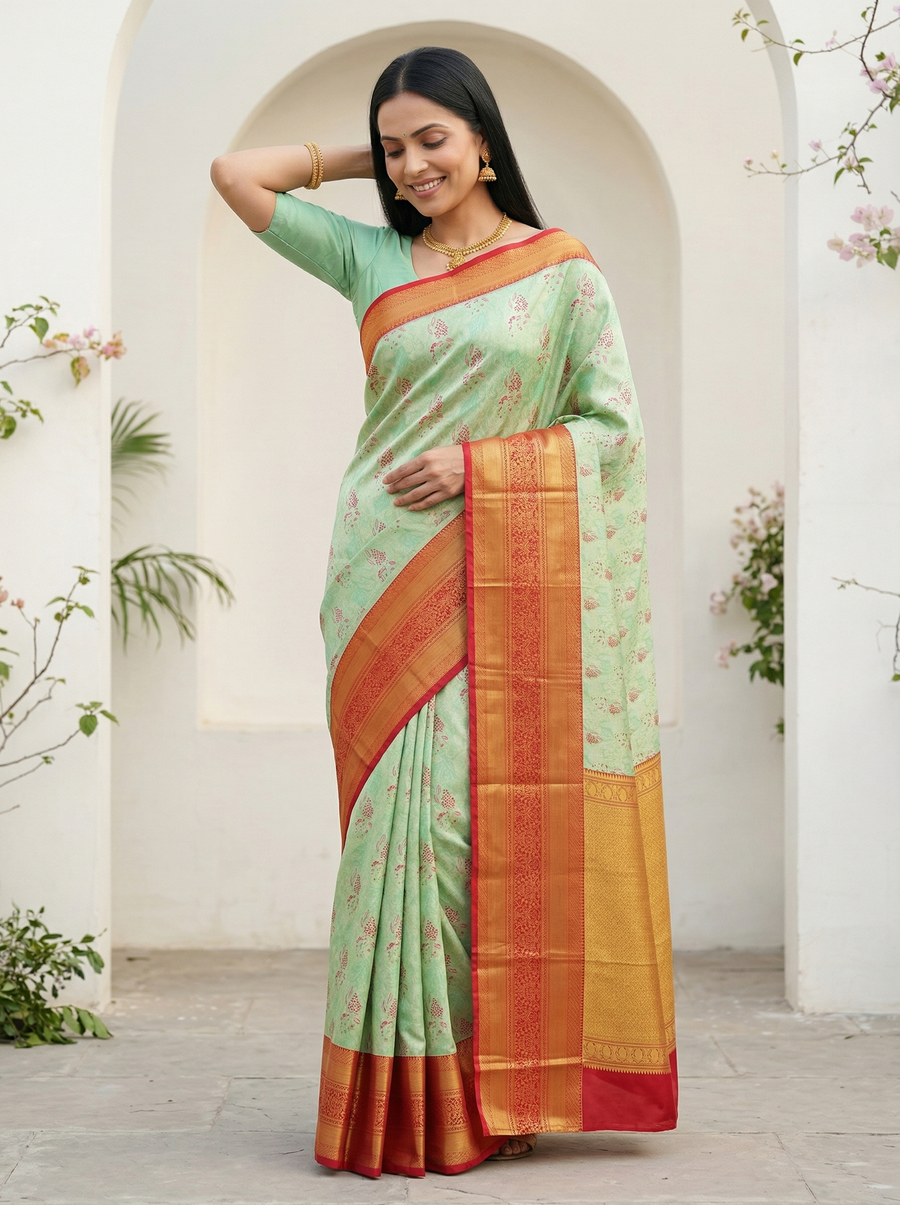 Mustard Gold Kanchipuram Inspired Semi Silk Saree with Medium Medium Contrast Border