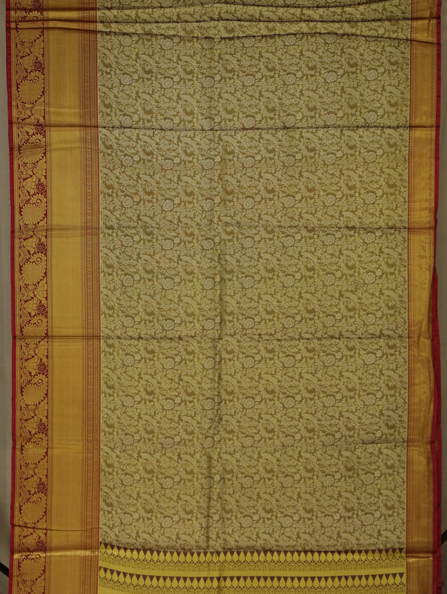 Olive Green Kanchipuram Inspired Semi Silk Saree with Wide Wide Contrast Border