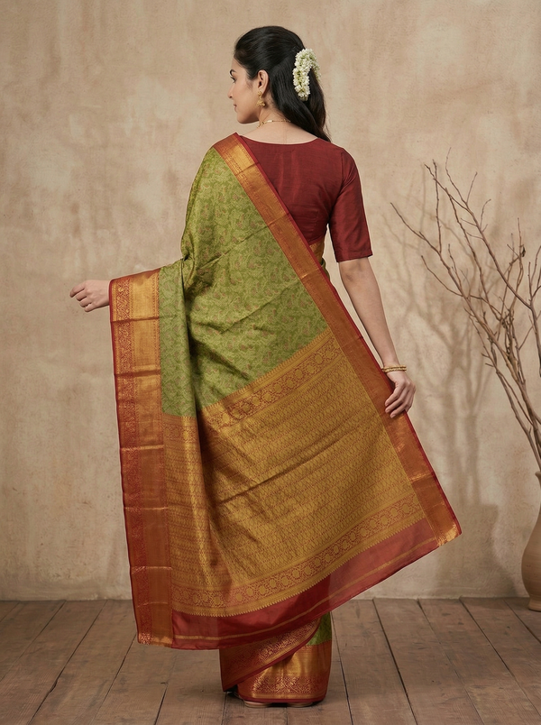 Sage Green Kanchipuram Inspired Semi Silk Saree with Wide Wide Contrast Border