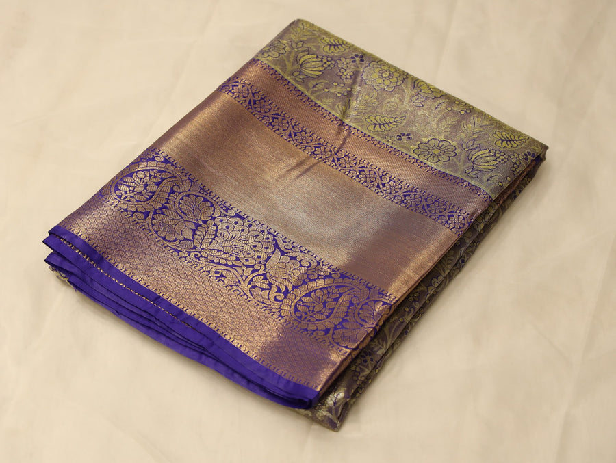 Champagne Gold Kanchipuram Inspired Semi Silk Saree with Wide Wide Contrast Border