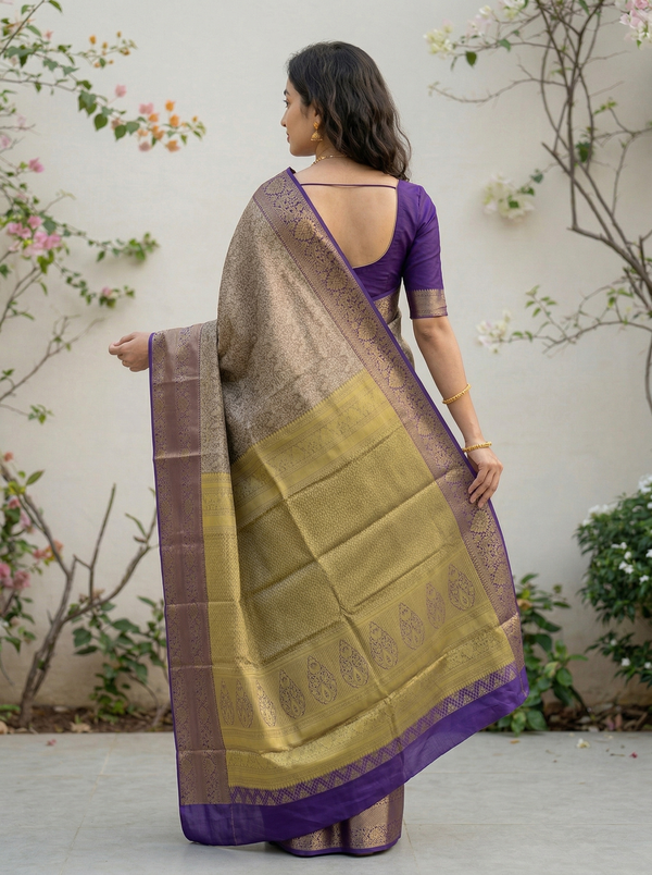 Champagne Gold Kanchipuram Inspired Semi Silk Saree with Wide Wide Contrast Border