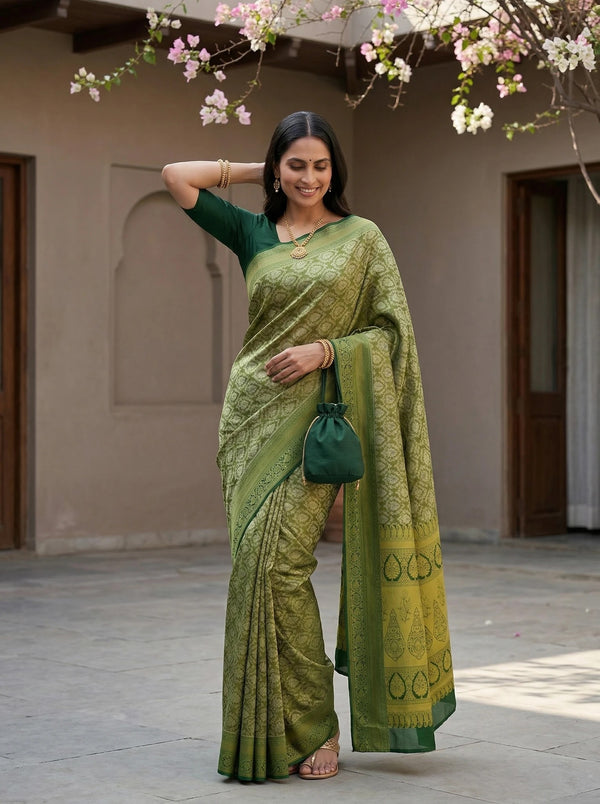 Olive Green Uppada Inspired Semi Silk Saree with Wide Wide Contrast Border