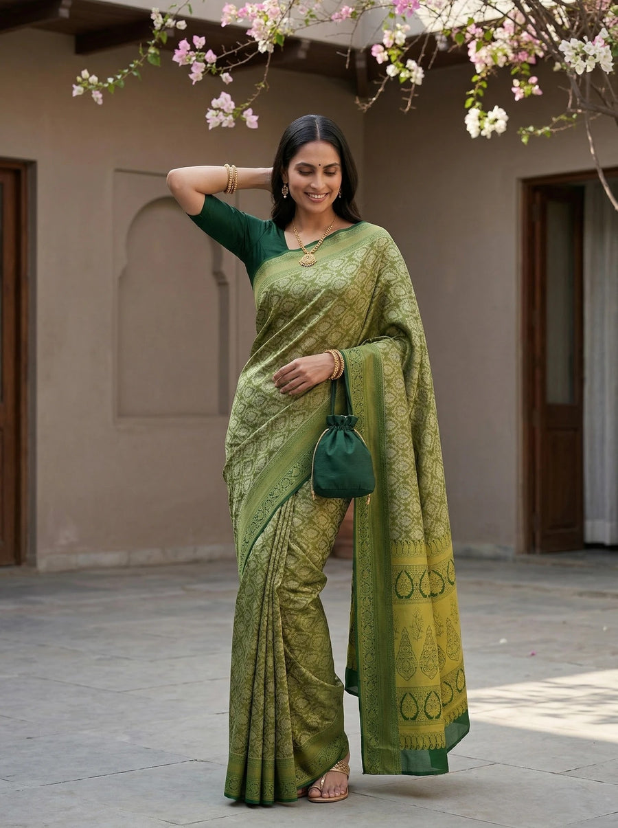Olive Green Uppada Inspired Semi Silk Saree with Wide Wide Contrast Border