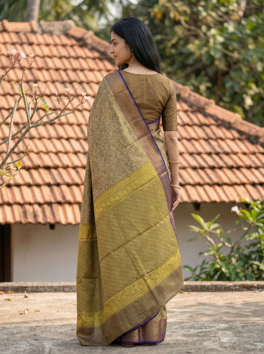 Olive Green Kanchipuram Inspired Semi Silk Saree with Medium Medium Contrast Border