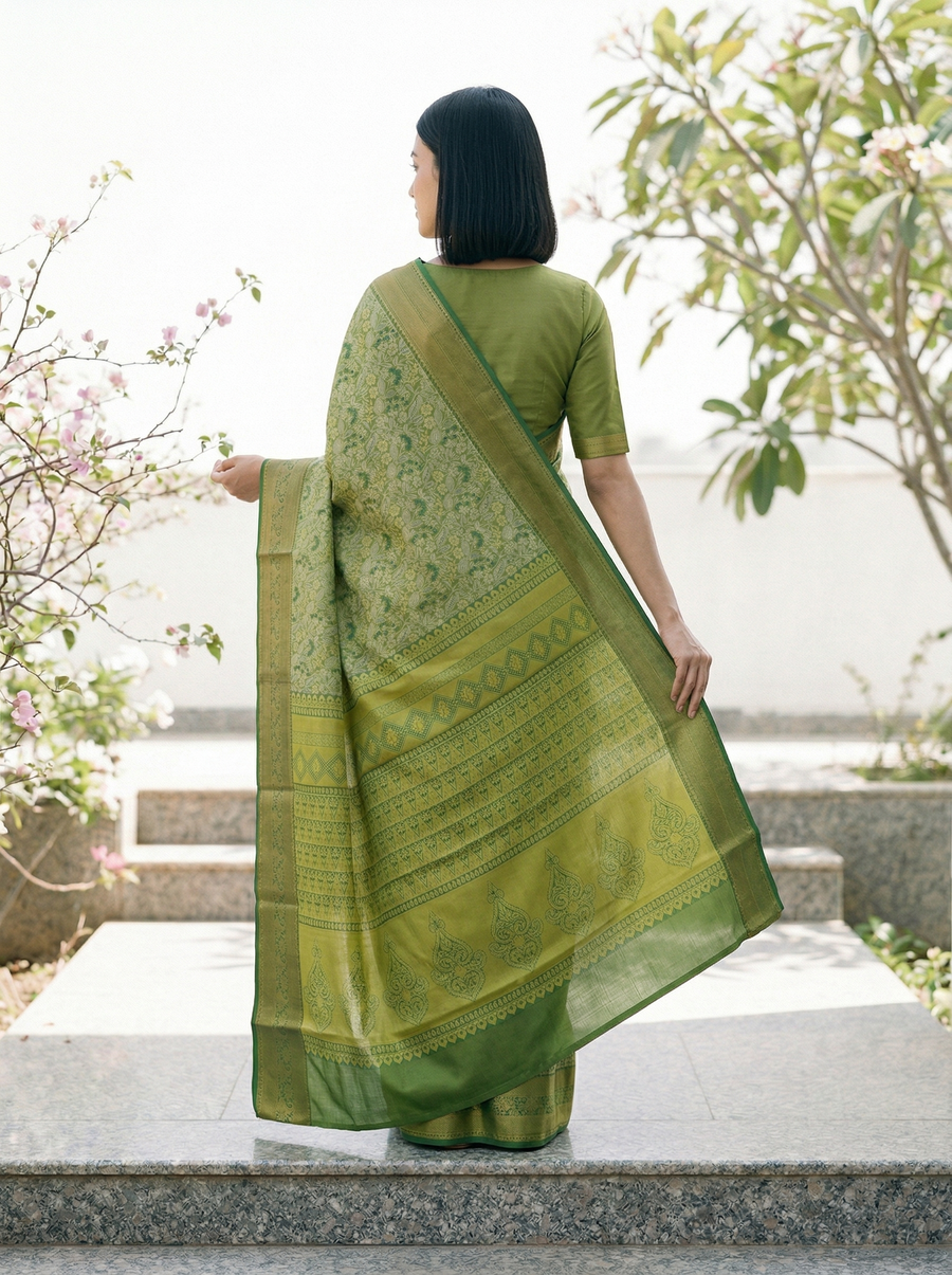 Moss Green Mysore Inspired Semi Silk Saree with Wide Wide Contrast Border