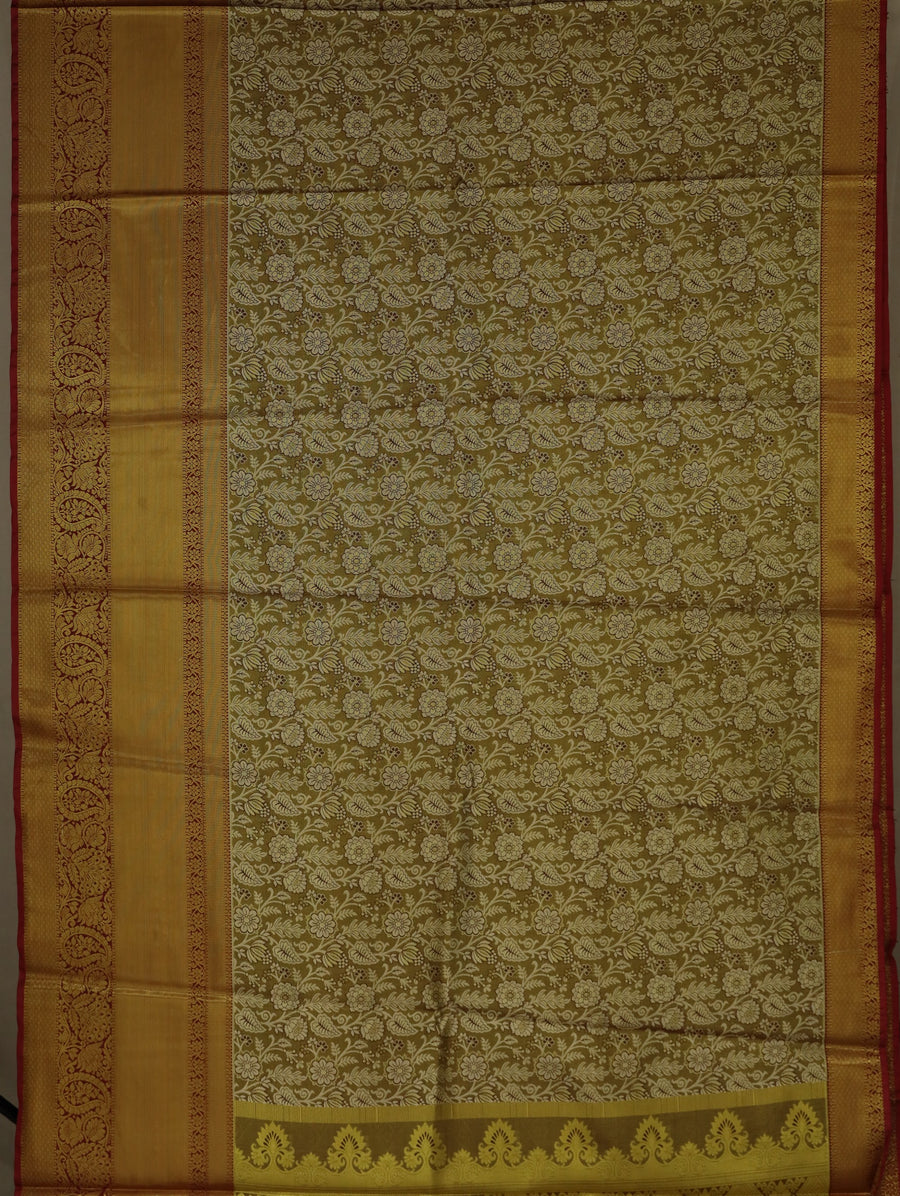 Olive Green Kanchipuram Inspired Semi Silk Saree with Medium Medium Contrast Border