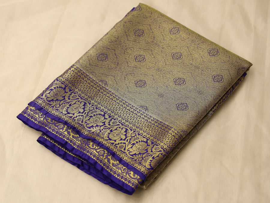 Champagne Gold Dharmavaram Inspired Semi Silk Saree with Wide Wide Contrast Border