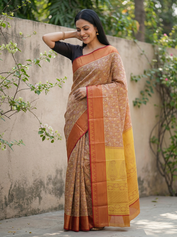 Burnt Orange Dharmavaram Inspired Semi Silk Saree with Wide Wide Contrast Border