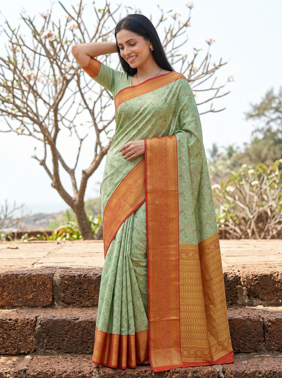 Sage Green Dharmavaram Inspired Semi Silk Saree with Wide Wide Contrast Border