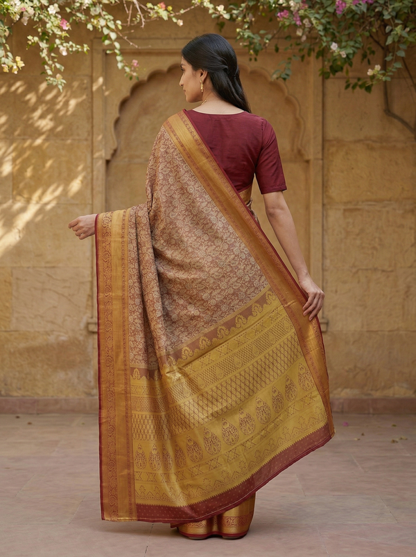 Champagne Gold Kanchipuram Inspired Semi Silk Saree with Wide Wide Contrast Border