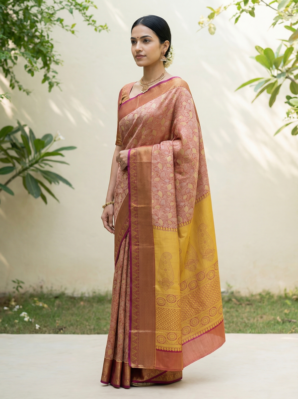 Burnt Sienna Dharmavaram Inspired Semi Silk Saree with Medium Medium Contrast Border