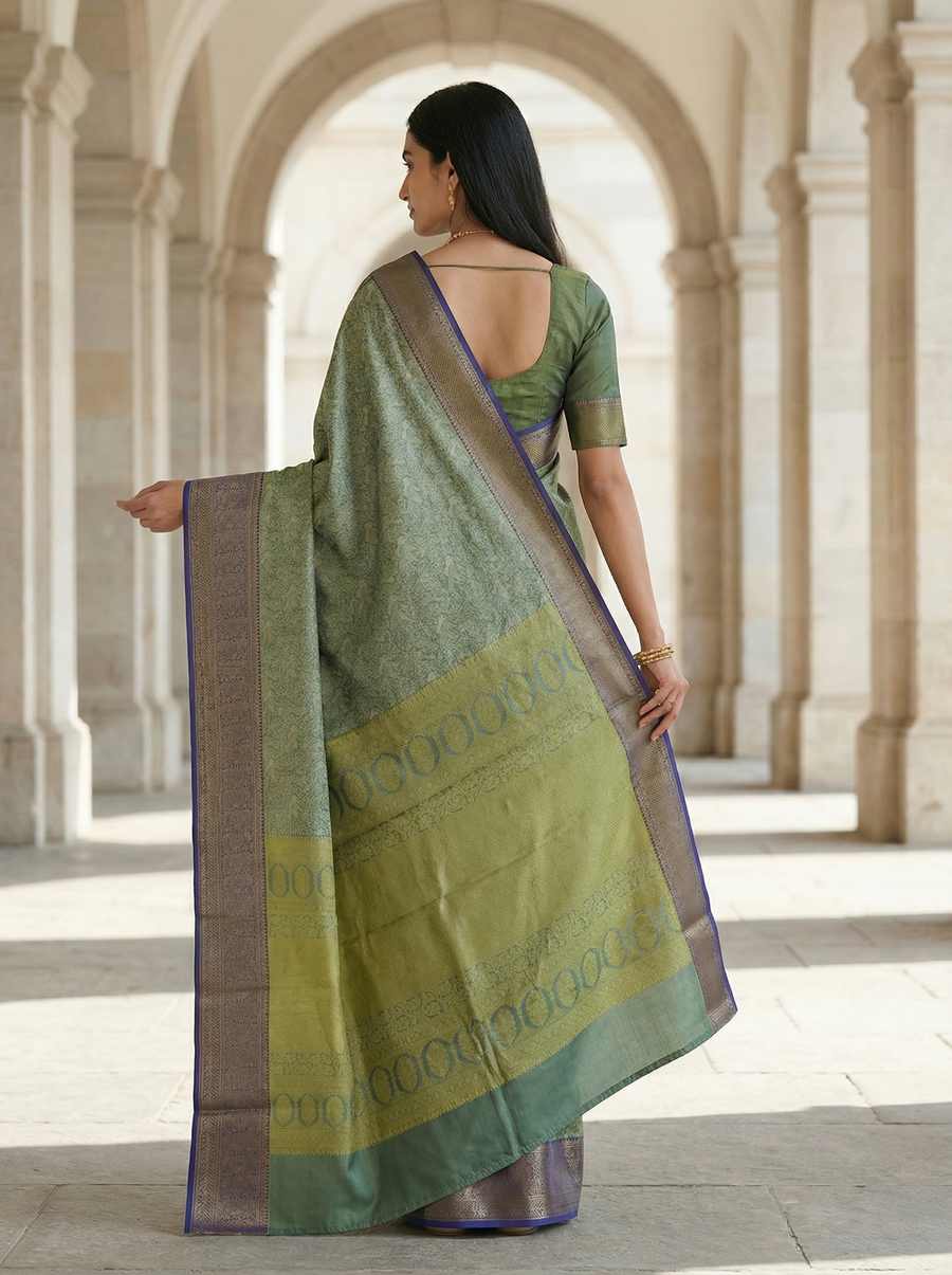 Sage Green Kanchipuram Inspired Semi Silk Saree with Medium Medium Contrast Border