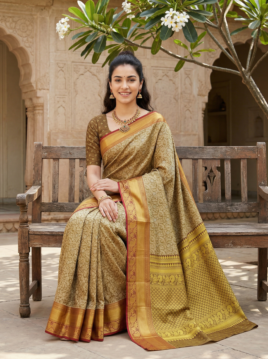 Olive Green Kanchipuram Inspired Semi Silk Saree with Wide Wide Contrast Border