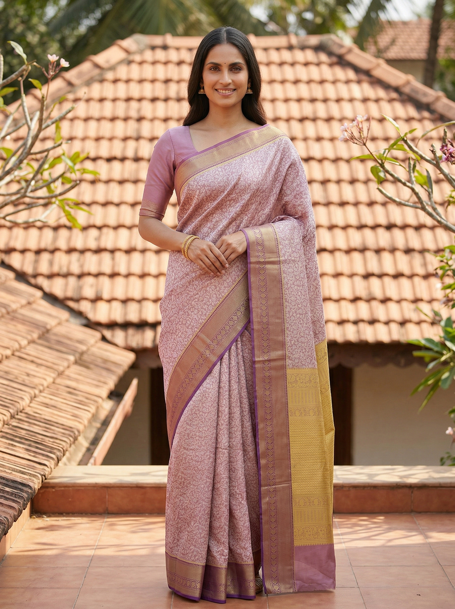 Lavender Blush Uppada Inspired Semi Silk Saree with Medium Medium Contrast Border