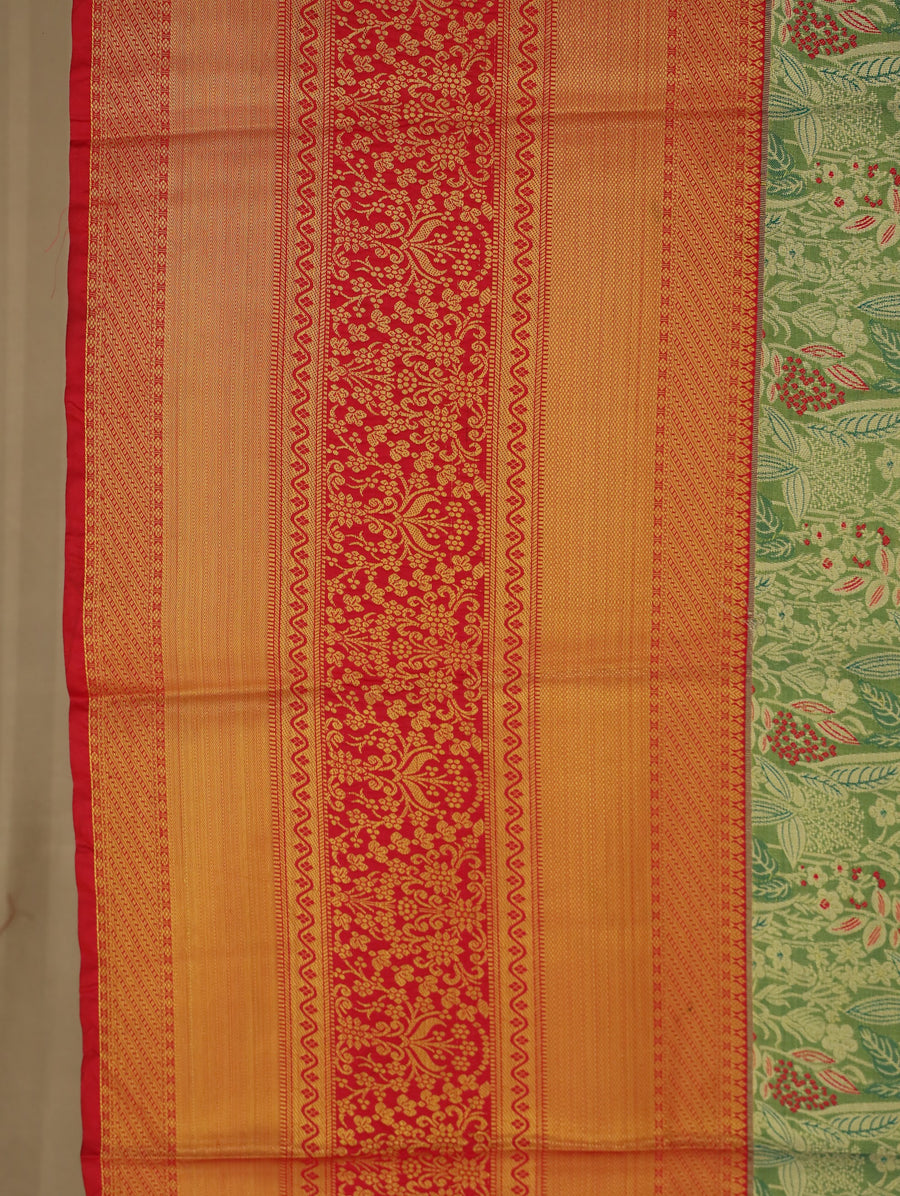 Sage Green Kanchipuram Inspired Semi Silk Saree with Wide Wide Contrast Border