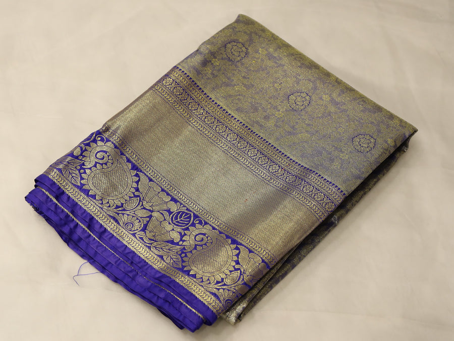 Champagne Gold Kanchipuram Inspired Semi Silk Saree with Medium Medium Contrast Border
