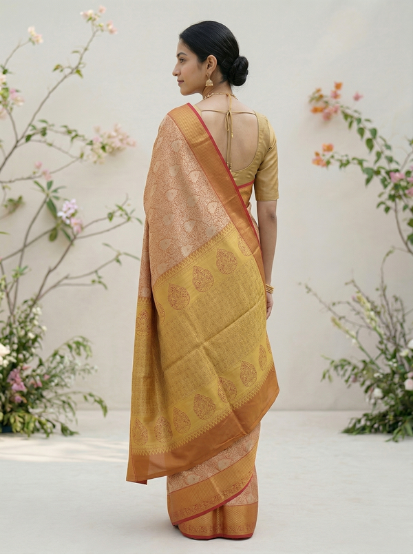Champagne Gold Kanchipuram Inspired Semi Silk Saree with Wide Wide Contrast Border