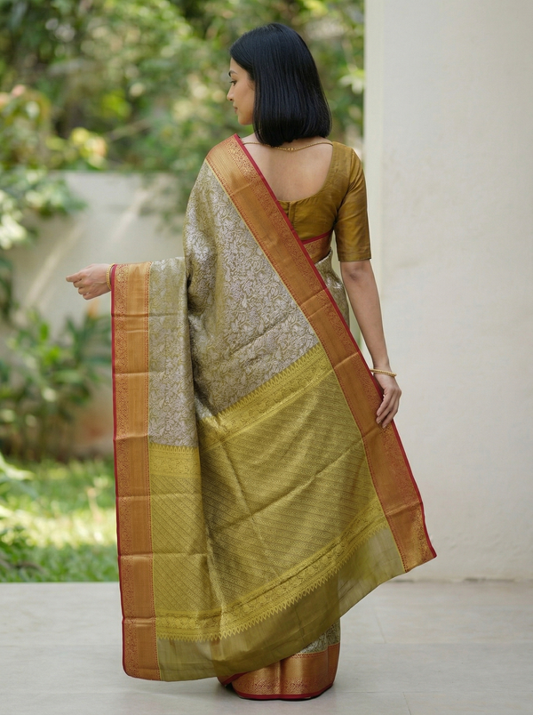 Antique Gold Kanchipuram Inspired Semi Silk Saree with Wide Wide Contrast Border