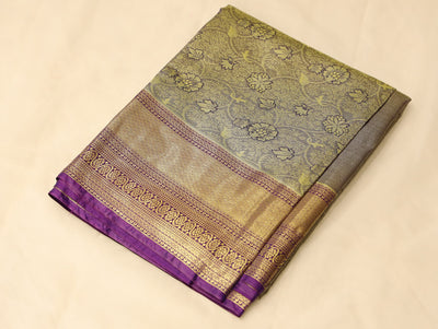 Muted Olive Green Kanchipuram Inspired Semi Silk Saree with Medium Medium Contrast Border
