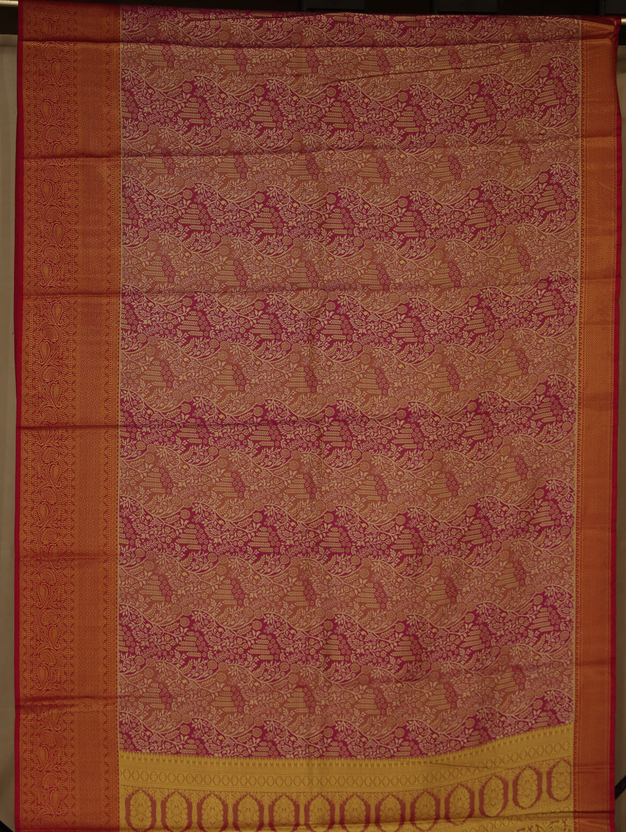 Rosewood Red Kanchipuram Inspired Semi Silk Saree with Wide Wide Contrast Border