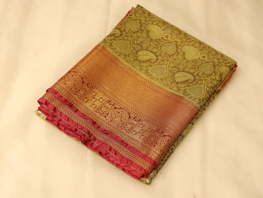 Sunlit Gold Kanchipuram Inspired Semi Silk Saree with Wide Wide Contrast Border