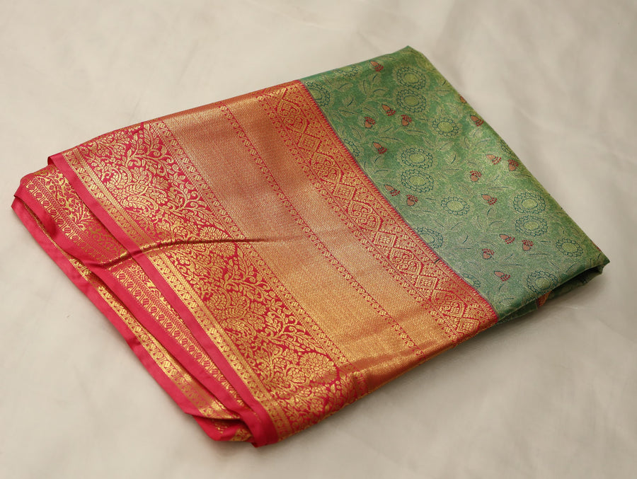 Sage Green Kanchipuram Inspired Semi Silk Saree with Medium Medium Contrast Border