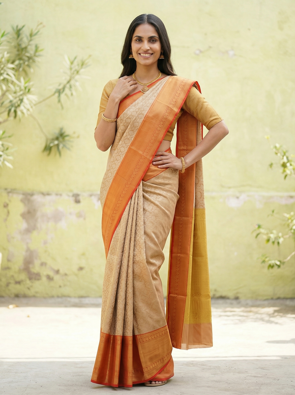 Champagne Gold Dharmavaram Inspired Semi Silk Saree with Wide Wide Contrast Border