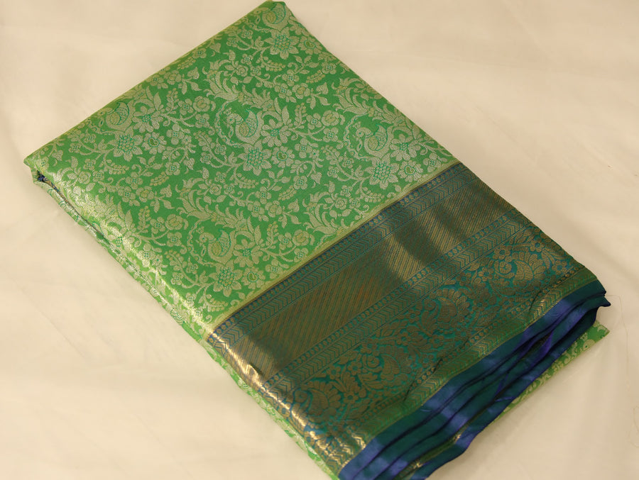 Chartreuse Green Kanchipuram Inspired Semi Silk Saree with Medium Medium Contrast Border