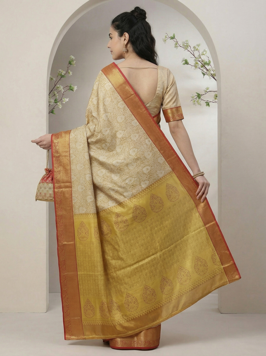 Champagne Gold Dharmavaram Inspired Semi Silk Saree with Wide Wide Contrast Border