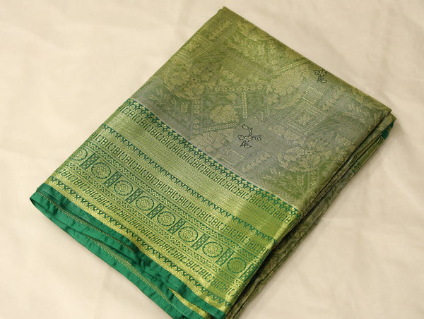 Olive Green Kanchipuram Inspired Semi Silk Saree with Medium Medium Contrast Border