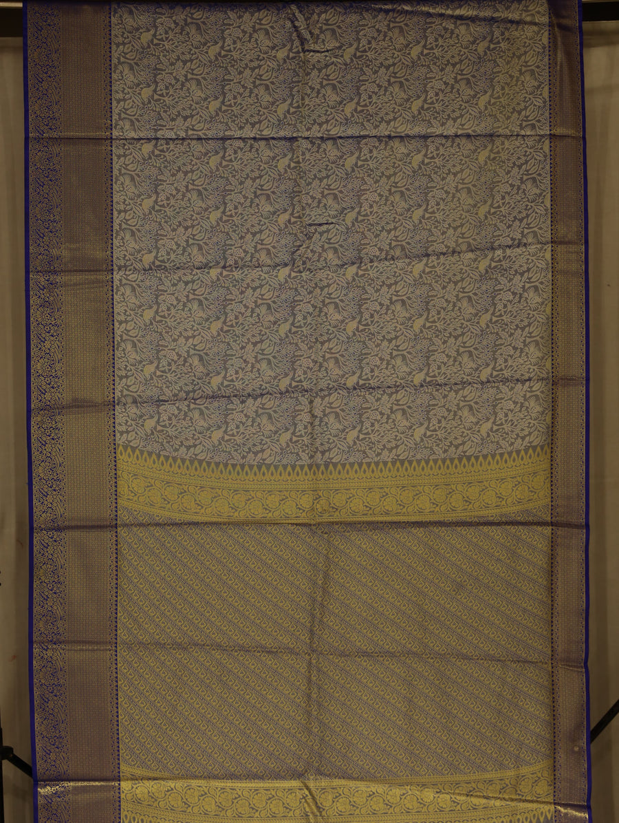 Silvery Grey Kanchipuram Inspired Semi Silk Saree with Wide Wide Contrast Border